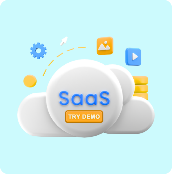 A cloud with the text SaaS on top, and a button saying "try demo". This represents how saas companies could use Upto11 gated content tool to increase saas demo bookings by offering rewards that web visitors unlock when promoting their demos on linkedin.